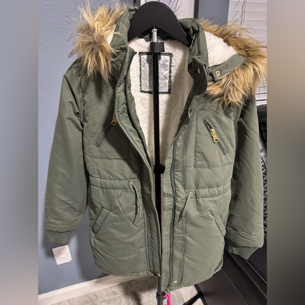 Justice Kids Olive Puffer Jacket with Faux Fur Trim